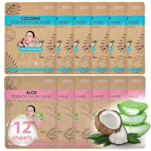 12PK (6 6) Vegan Face Masks for Skincare - Coconut, Aloe, Vitamin, Cucumber Facial Sheet Mask Korean Skin Care (Coconut & Aloe)