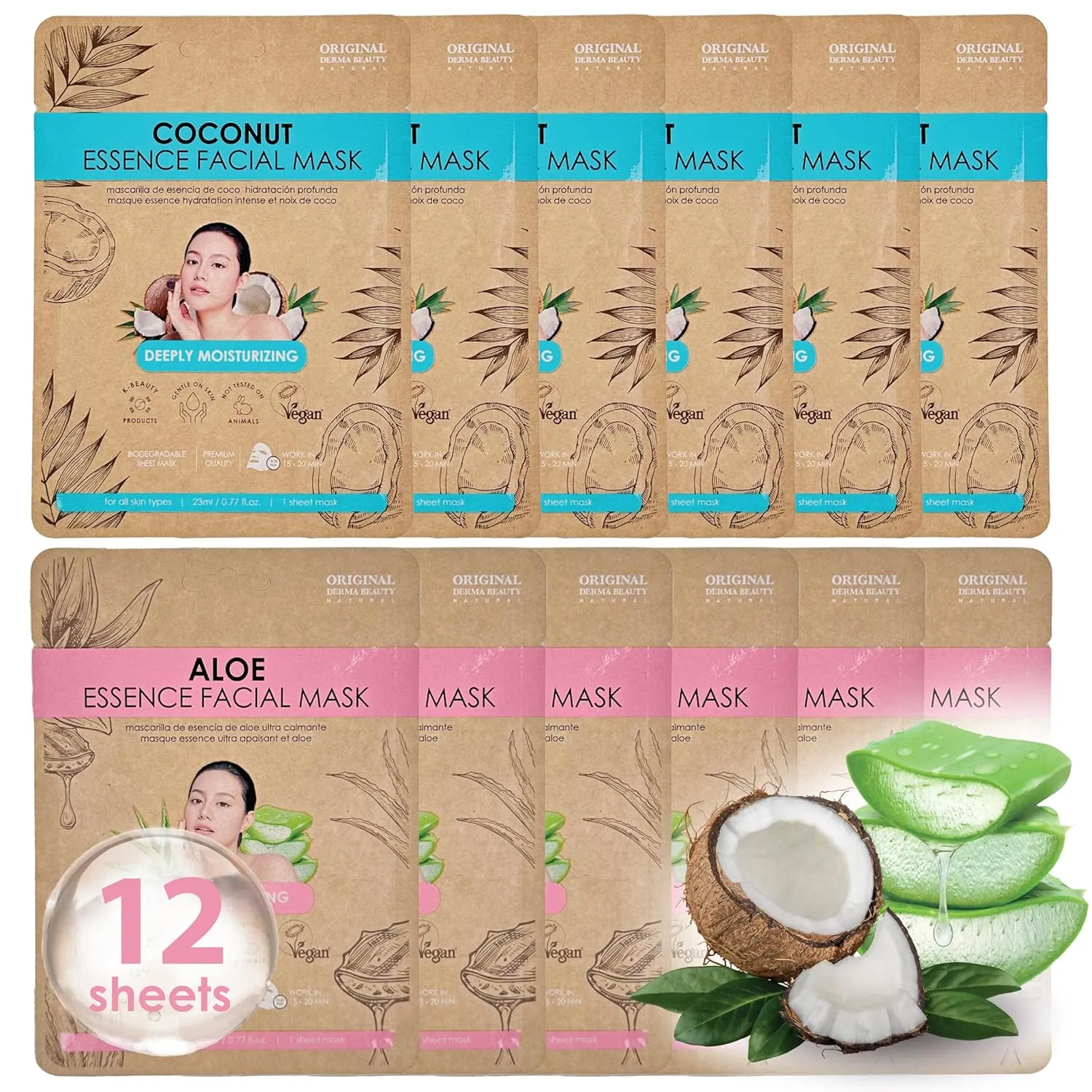 12PK (6 6) Vegan Face Masks for Skincare - Coconut, Aloe, Vitamin, Cucumber Facial Sheet Mask Korean Skin Care (Coconut & Aloe)