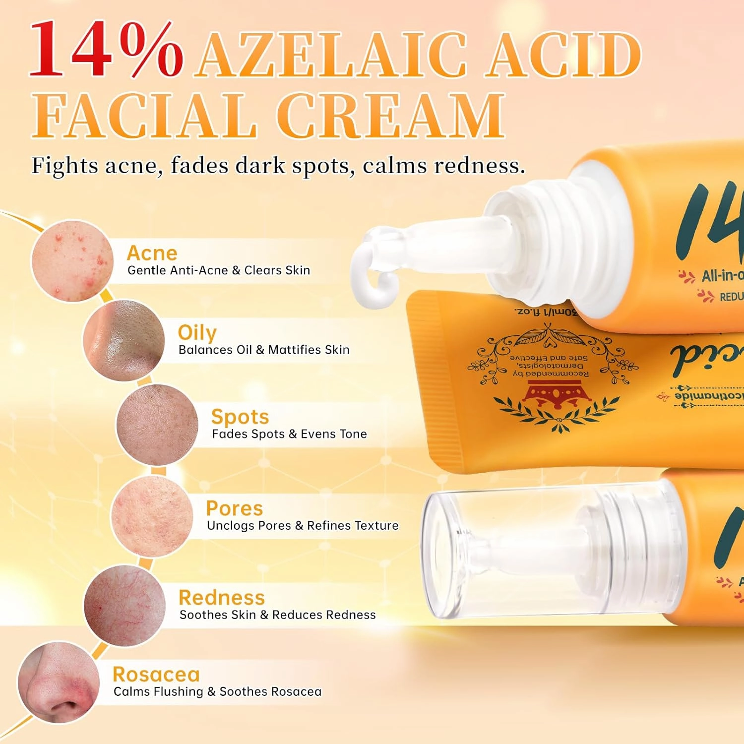 14% Azelaic Acid Acne Cream - Dark Spot Remover for Face, Acne Treatment & Spot Care Salicylic Acid & Niacinamide – Redness Reducing Skin Care, Evens Tone & Soothes Irritation, Rosacea - 2 Pcs.1oz