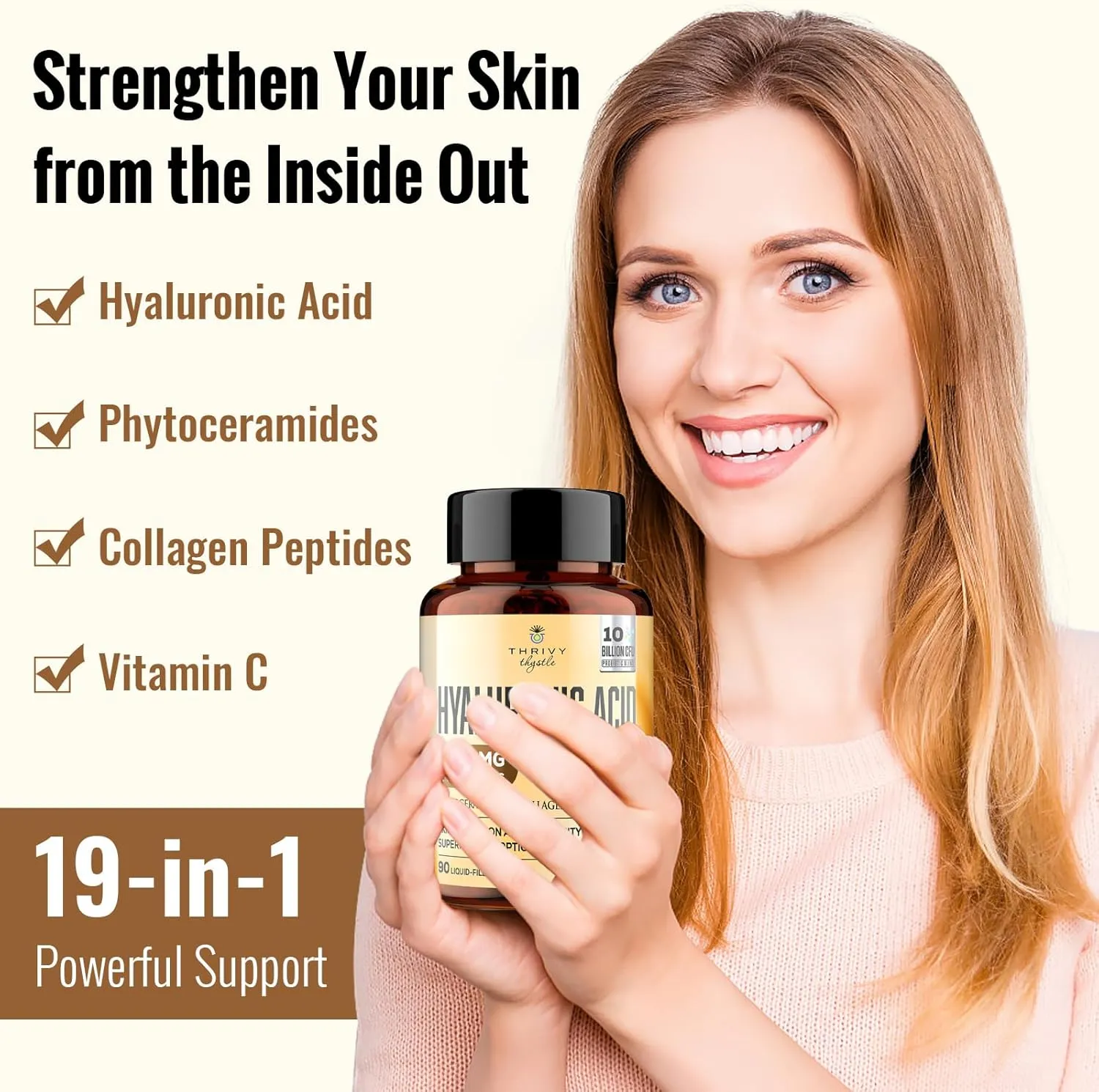 19-in-1 Hyaluronic Acid Capsules - Hylunaric Acid 1200 mg, with Collagen Peptides, Vitamin C, Phytoceramides - for Skin, Eyes, Gastrointestinal, Bones Support (1 Pack)