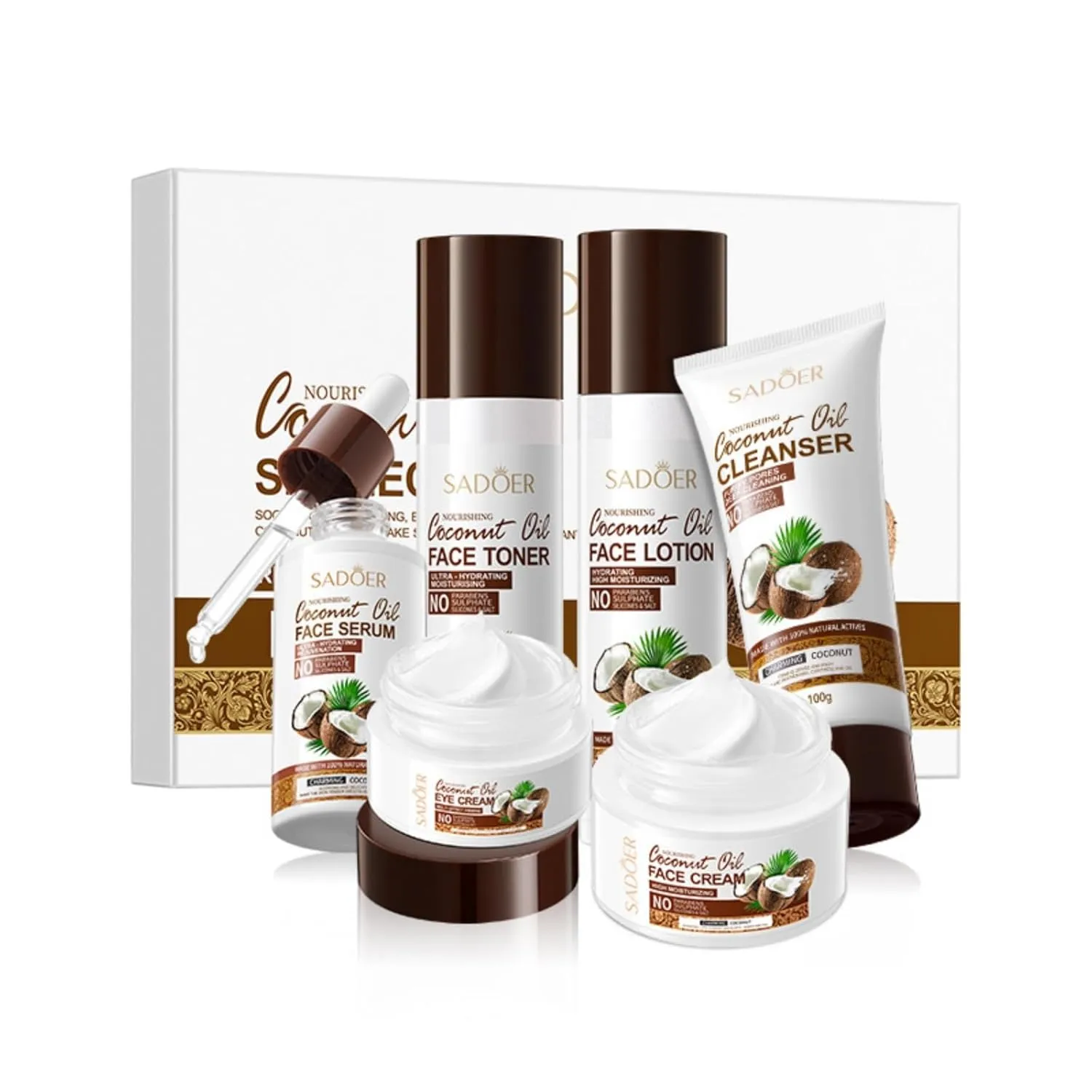 2 Pack For SADOER Coconut Oil Skincare Gift Set,6 Piece Face Care Collection,Skin Care Kit,Cleansing Moisturizing Skin Care Collection,Contains cleanser toner eye cream lotion face cream serum