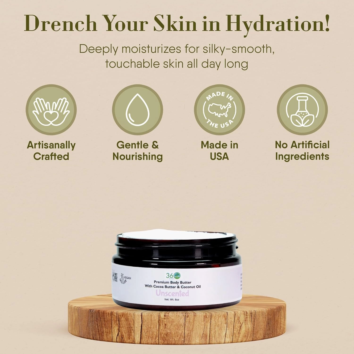 360Feel Unscented Body Butter - Nourishing and Hydrating Body Butter with a Gentle Unscented Formula - Handmade with Essential Oils - Creamy Formula for Daily Use - Zero Harsh Additives - 8 Ounce