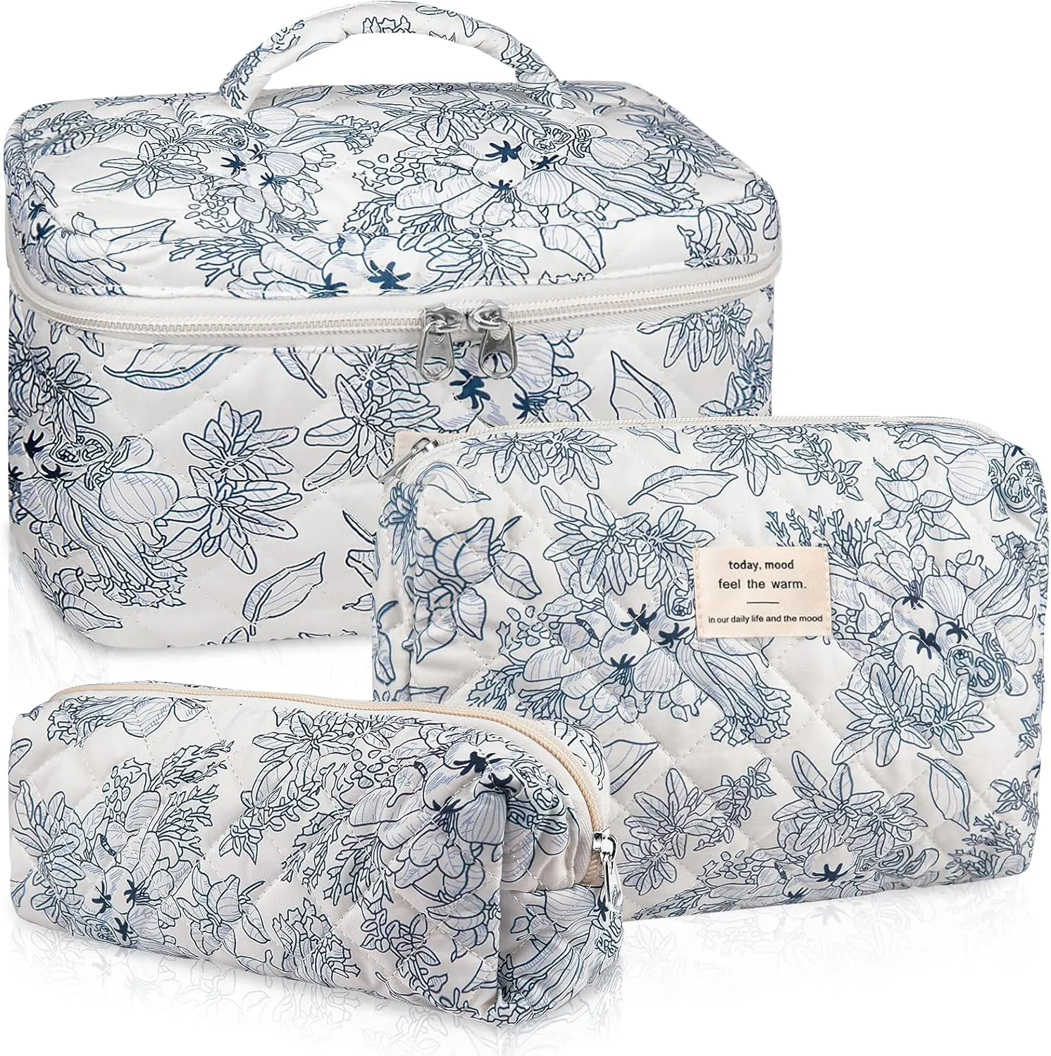 3PCS Makeup Bag Set Quilted Makeup Bags, Floral Cosmetic Bag for Women, Cute Cotton Makeup Bag, Flower Travel Toiletry Organizer Bag (Navy Blue)