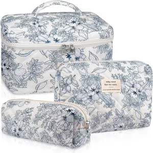 3PCS Makeup Bag Set Quilted Makeup Bags, Floral Cosmetic Bag for Women, Cute Cotton Makeup Bag, Flower Travel Toiletry Organizer Bag (Navy Blue)