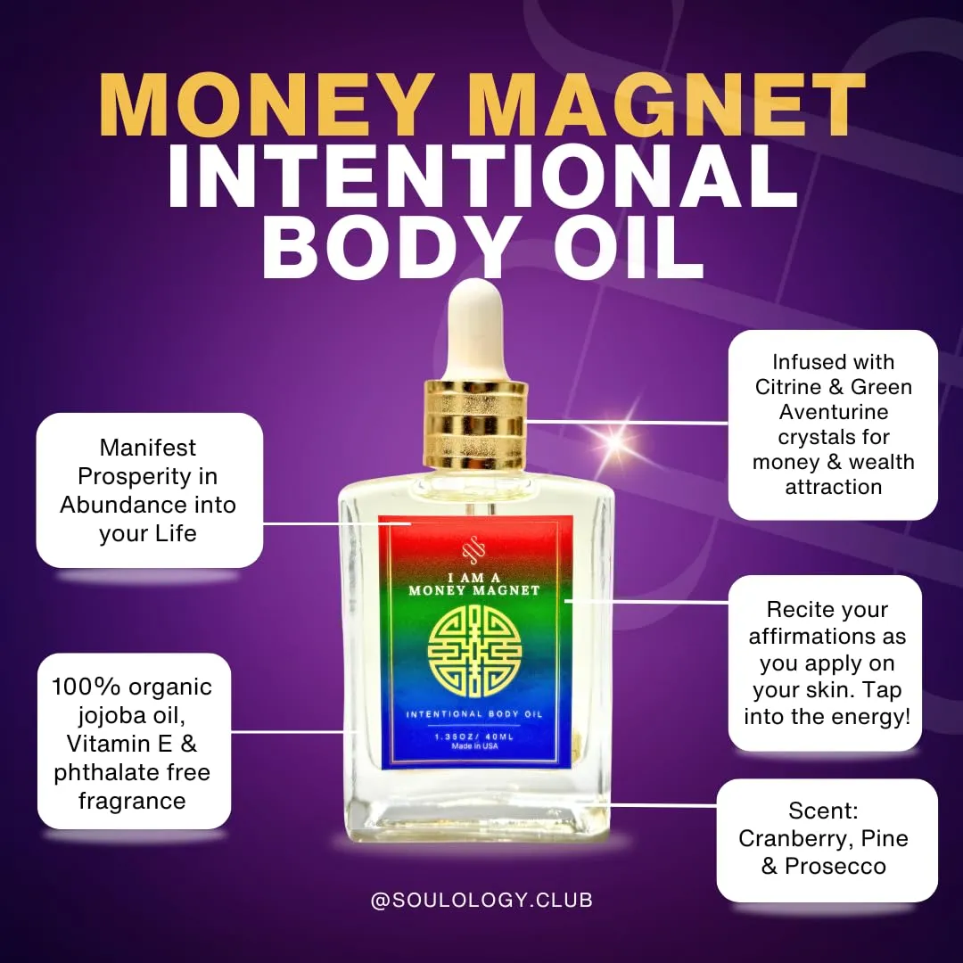 40ml Crystal Infused Money Magnet Intentional Luxury Body Oil, Handmade with 100% Clear Jojoba Oil   Vitamin E & Phthalate-Free Fragrances, Money Drawing Oil with Crystals, Magick Oils