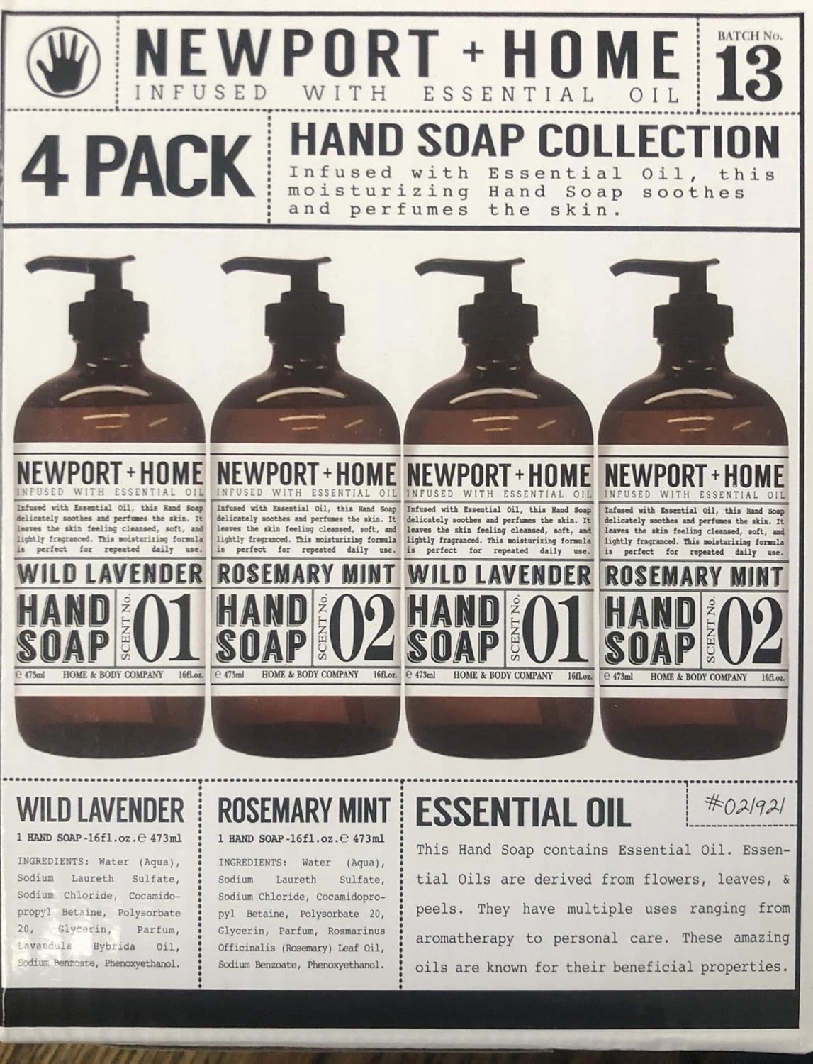 4 Bottles, Newport   Home Hand Soap, 2 Rosemary Mint, 2 Wild Lavender 16oz, Infused with Essential Oil, By Home & Body Co