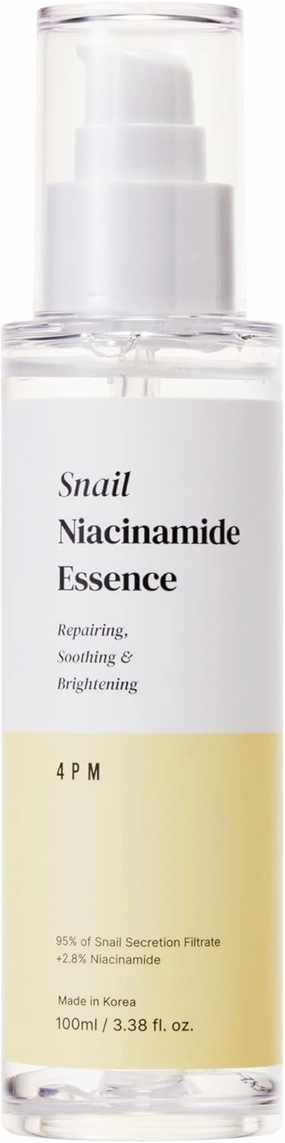 4PM Snail Niacinamide Essence (3.38 fl. oz), Snail Secretion Filtrate 95%, Niacinamide 2.8%, for Glass Skin Repair, Face Glow Brightening & Soothing Essence, Korean Skincare, Made by SEOUL4PM