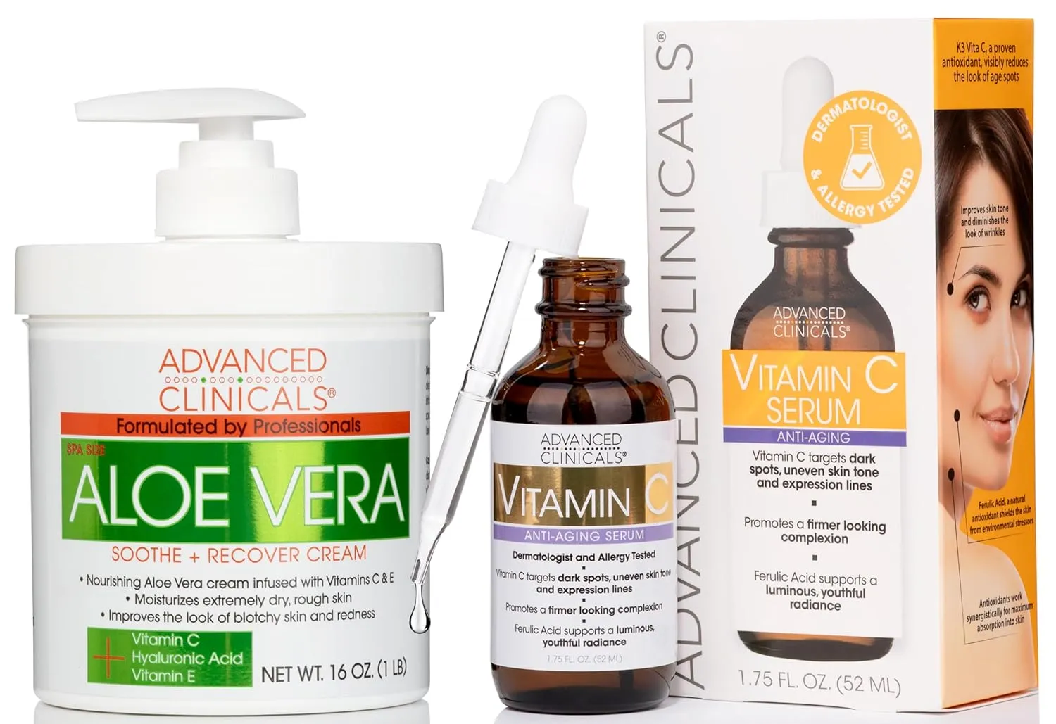 Advanced Clinicals Aloe Vera Skin Repair Cream   Vitamin C Brightening Facial Serum Set