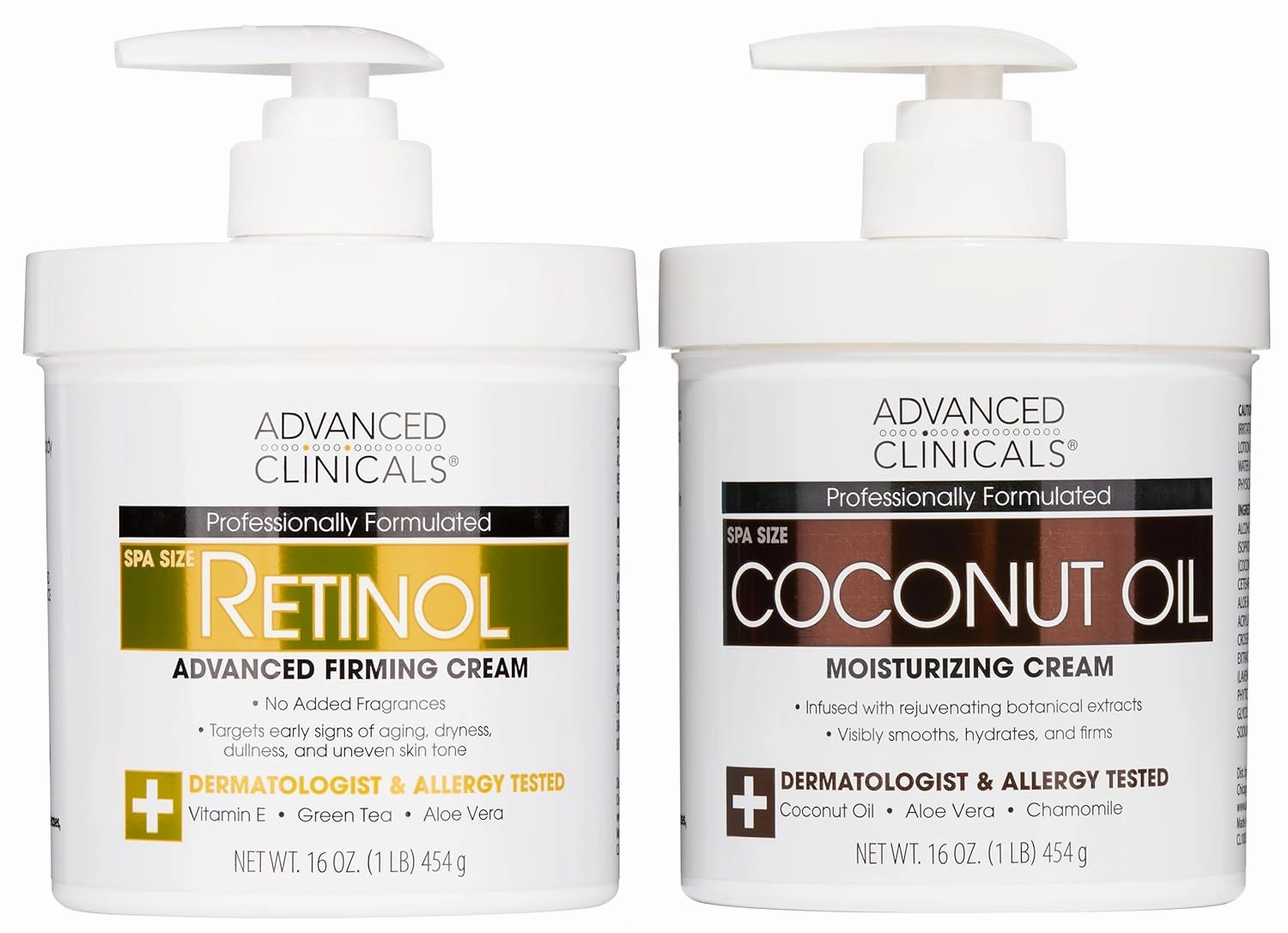 Advanced Clinicals Unscented Retinol Body Lotion & Face Moisturizer   Coconut Oil Body Cream For Women & Men | 2PC Skincare Set Helps Reduce Appearance Of Crepey Skin   Irritated Dry Skin, 2pc Set