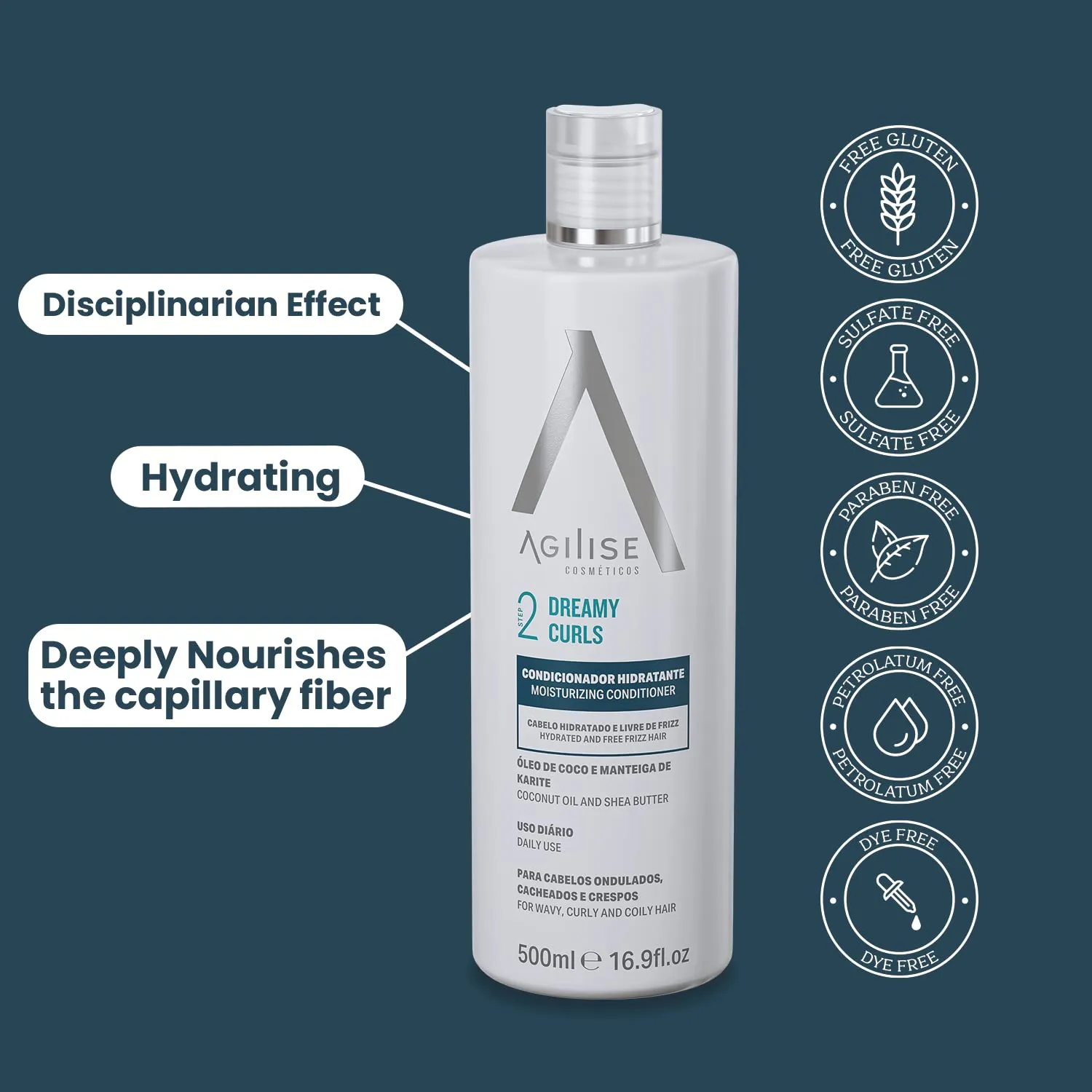 agilise - Dreamy Curls Hair Conditioner - Curl Conditioner for Wavy and Coily Hair Care Treatment - VEGAN, Coconut Oil, Shea Butter, Flaxseed Extract - 16.9fl.oz/500ml