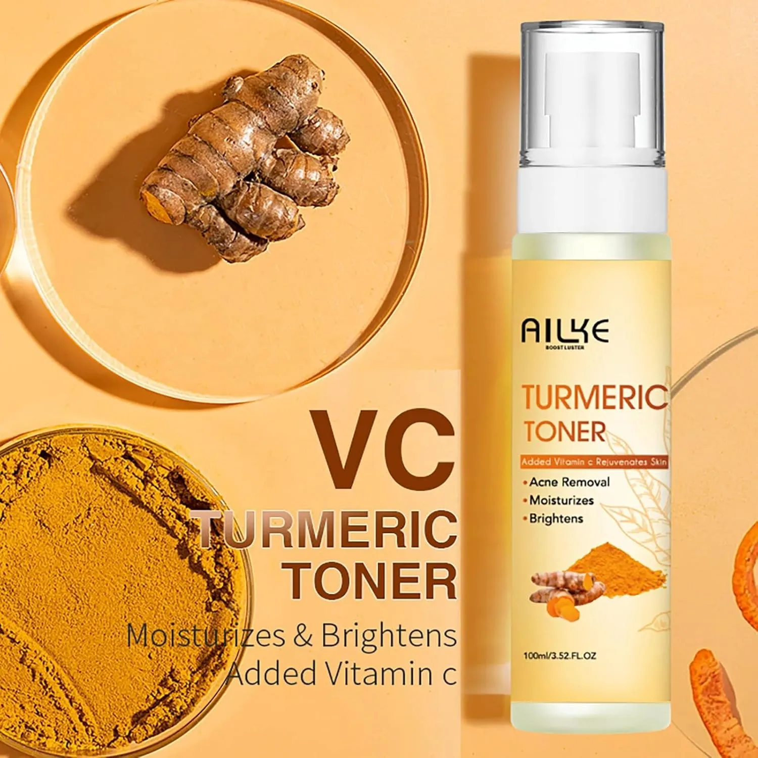 AILKE Natural Turmeric Face Toner, Brightening, Hydrating, Rejuvenate Skin, Acne & Pimples Removal, Clean Skin With Vitamin C, For All Skin Types, 3.52 fl oz (Pack of 1)