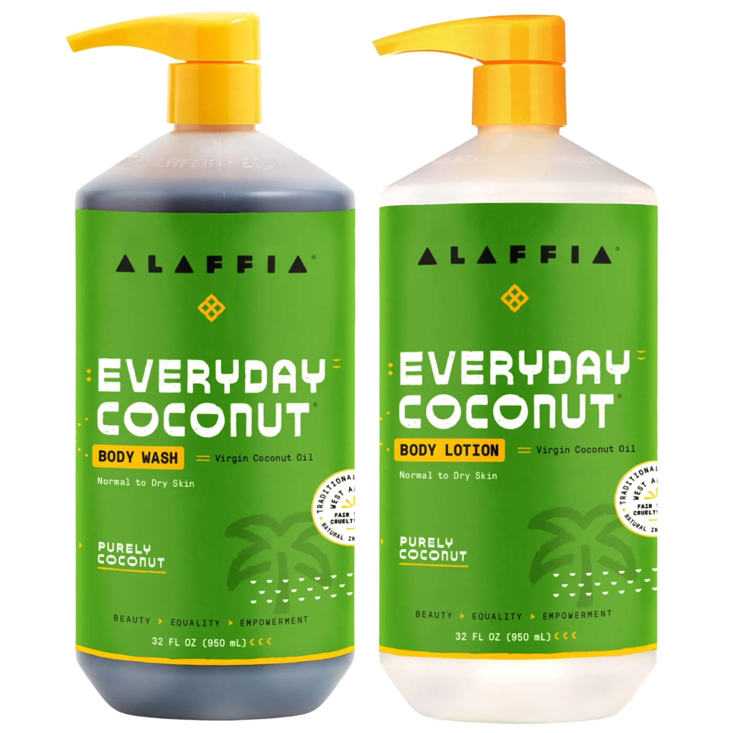 Alaffia Coconut & Coffee Berry Purely Coconut Value Set: Body Wash & Body Lotion, 32 Fl Oz each