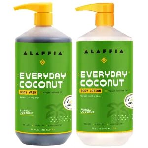 Alaffia Coconut & Coffee Berry Purely Coconut Value Set: Body Wash & Body Lotion, 32 Fl Oz each