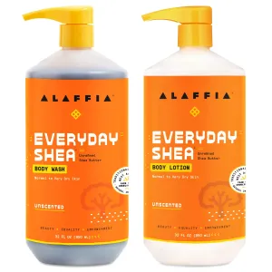 Alaffia EveryDay Shea Body Lotion and Body Wash Bundle - Normal to Very Dry Skin, Moisturizes and Cleanses Soft and Supple Skin with Shea Butter, Lemongrass, Neem and Coconut Oil, Unscented, 32 Fl Oz Each