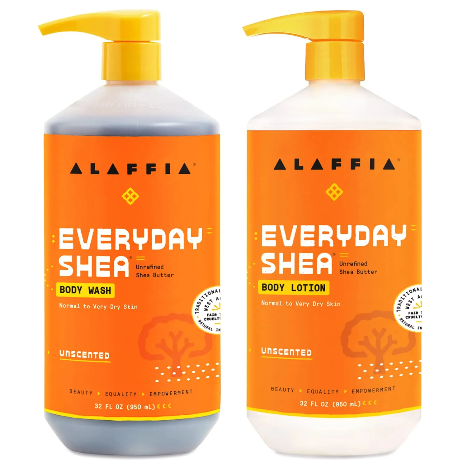 Alaffia EveryDay Shea Body Lotion and Body Wash Bundle - Normal to Very Dry Skin, Moisturizes and Cleanses Soft and Supple Skin with Shea Butter, Lemongrass, Neem and Coconut Oil, Unscented, 32 Fl Oz Each