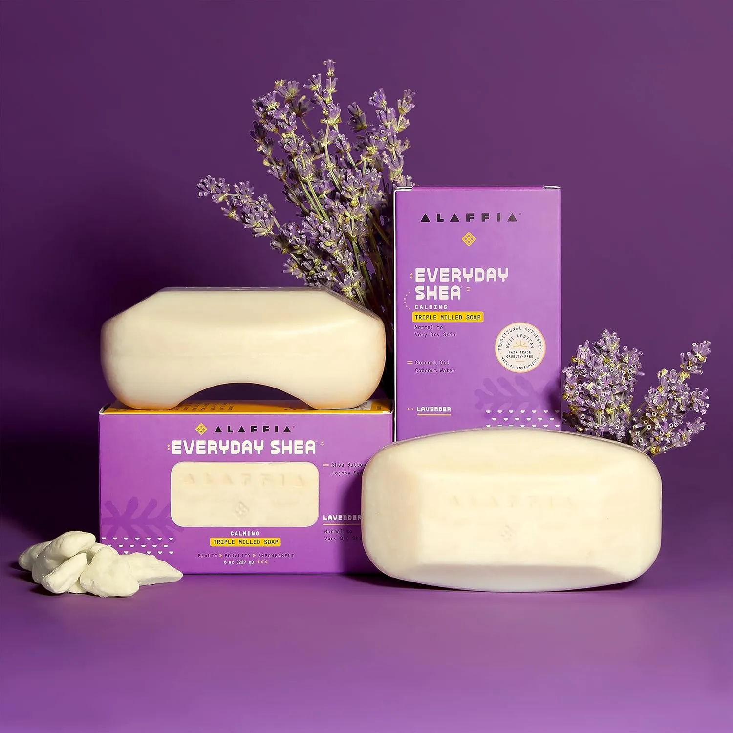 Alaffia EveryDay Shea Soap Bar - Body Soap, Natural Coconut Oil, Shea Butter & Aromatic Plant Extracts, Ergonomic Bar Soap, Lavender Scent, 8 Oz Ea (Pack of 2)