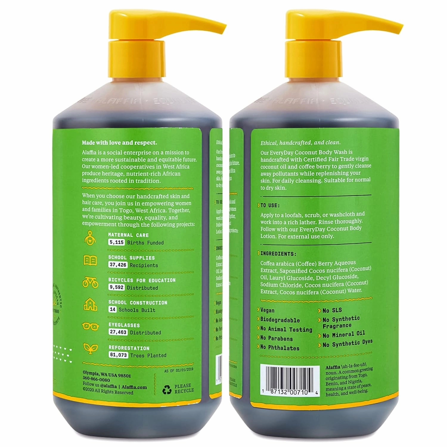 Alaffia Body Wash, Everyday Coconut, 2-Pack – Moisturizing Soap with Nourishing Coffee Berry Extract & Coconut Water, Vegan & Cruelty-Free, 32 Oz Ea