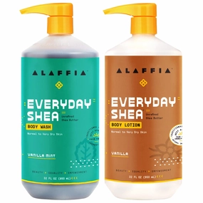 Alaffia EveryDay Shea Vanilla Lotion and Mint Body Wash - For Normal to Very Dry Skin, Cleanses and Hydrates with Shea Butter, Lemongrass, Neem and Coconut Oil, 32 Oz Each