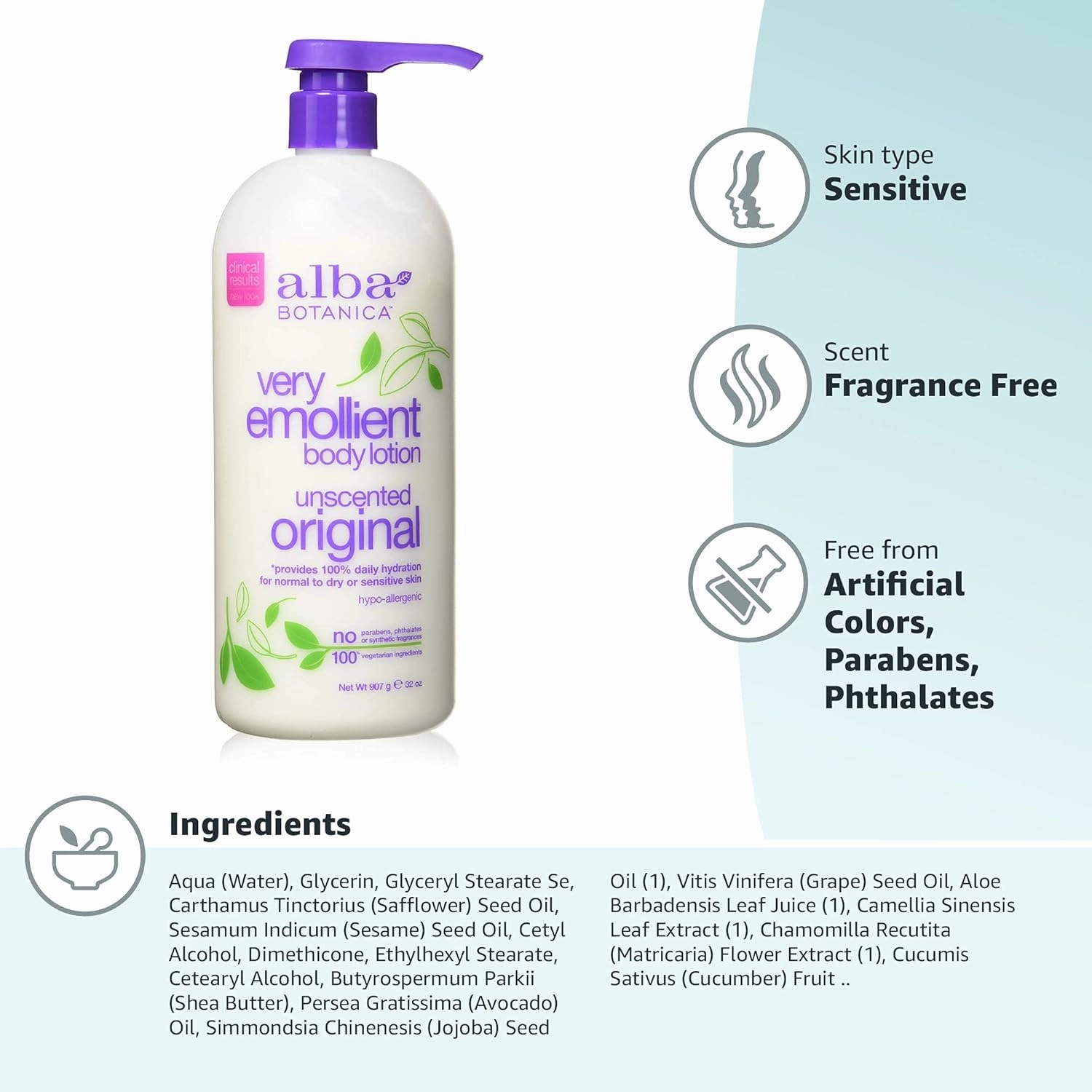 Alba Botanica Lotion Emollient Unscented, 32 Fl Oz (Pack of 2)