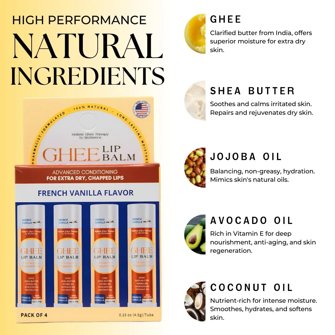 All Natural Lip Balm For Very Dry Lips | Hydrating & Moisturizing Lip Balm with Shea Butter, Ghee, Jojoba Oil, Coconut Oil | Chapped Lips & After Sun Care | BioSerene (4.5 gms/tube, French Vanilla)