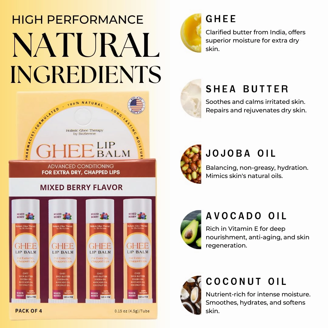 All Natural Lip Balm For Very Dry Lips | Hydrating & Moisturizing Lip Balm with Shea Butter, Ghee, Jojoba Oil, Coconut Oil | Chapped Lips & After Sun Care | BioSerene (4.5 gms/tube, Mixed Berry)