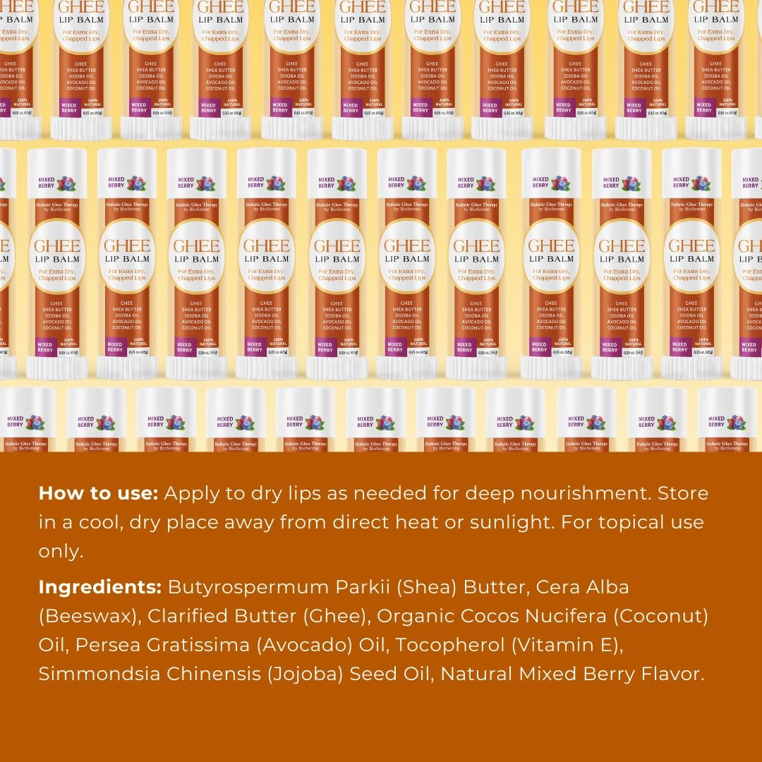 All Natural Lip Balm For Very Dry Lips | Hydrating & Moisturizing Lip Balm with Shea Butter, Ghee, Jojoba Oil, Coconut Oil | Chapped Lips & After Sun Care | BioSerene (4.5 gms/tube, Mixed Berry)