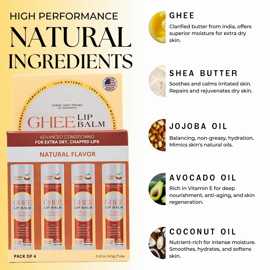 All Natural Lip Balm For Very Dry Lips | Hydrating & Moisturizing Lip Balm with Shea Butter, Ghee, Jojoba Oil, Coconut Oil | Chapped Lips & After Sun Care | BioSerene (4.5 gms/tube, Natural)