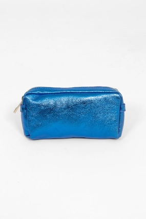 Allegra Italian Leather Cosmetic Bag - Blue, Metallic