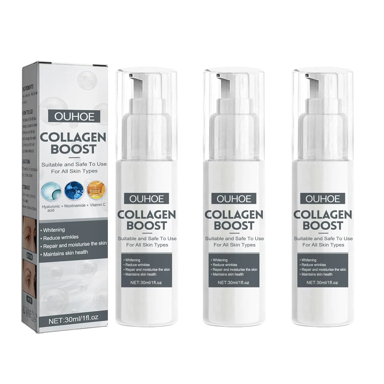 Anti-Aging Collagen Serum with Hyaluronic Acid, Niacinamide & Vitamin C - Wrinkle Reducing Treatment for Face, Dark Spot Corrector, Hydrating Skin Repair Essence, 1 Fl Oz (3 Pack)