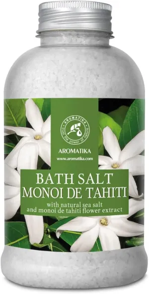 AROMATIKA Bath Salt Monoi de Tahiti 21.16 Oz (600g) - Coconut and Gardenia Flowers Scent - Relaxing Bath - Good Sleep - Aromatherapy - Sea Salt Bath