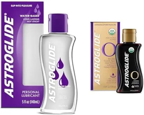 Astroglide Water Based Lube Liquid Personal Lubricant (5oz) and Sensual Massage Oil and Lube (4oz), Organic Essential Oil Based Hydrating Personal Lubricant, USDA Certified Organic