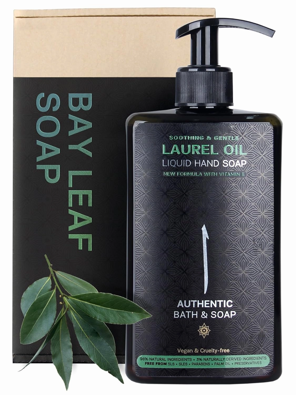AUTHENTIC BATH & SOAP Organic Bay Leaves Oil & Castile Liquid Hand Soap – Gentle, Soothing, Paraben-Free with Vitamin E for Sensitive Skin, SLS & SLES Free, 16.9 Fl Oz