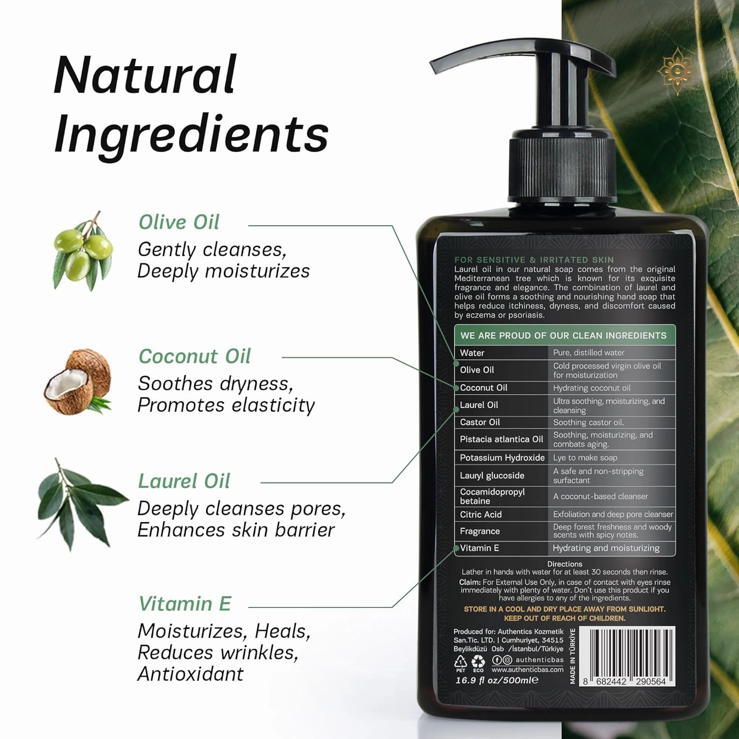 AUTHENTIC BATH & SOAP Organic Bay Leaves Oil & Castile Liquid Hand Soap – Gentle, Soothing, Paraben-Free with Vitamin E for Sensitive Skin, SLS & SLES Free, 16.9 Fl Oz