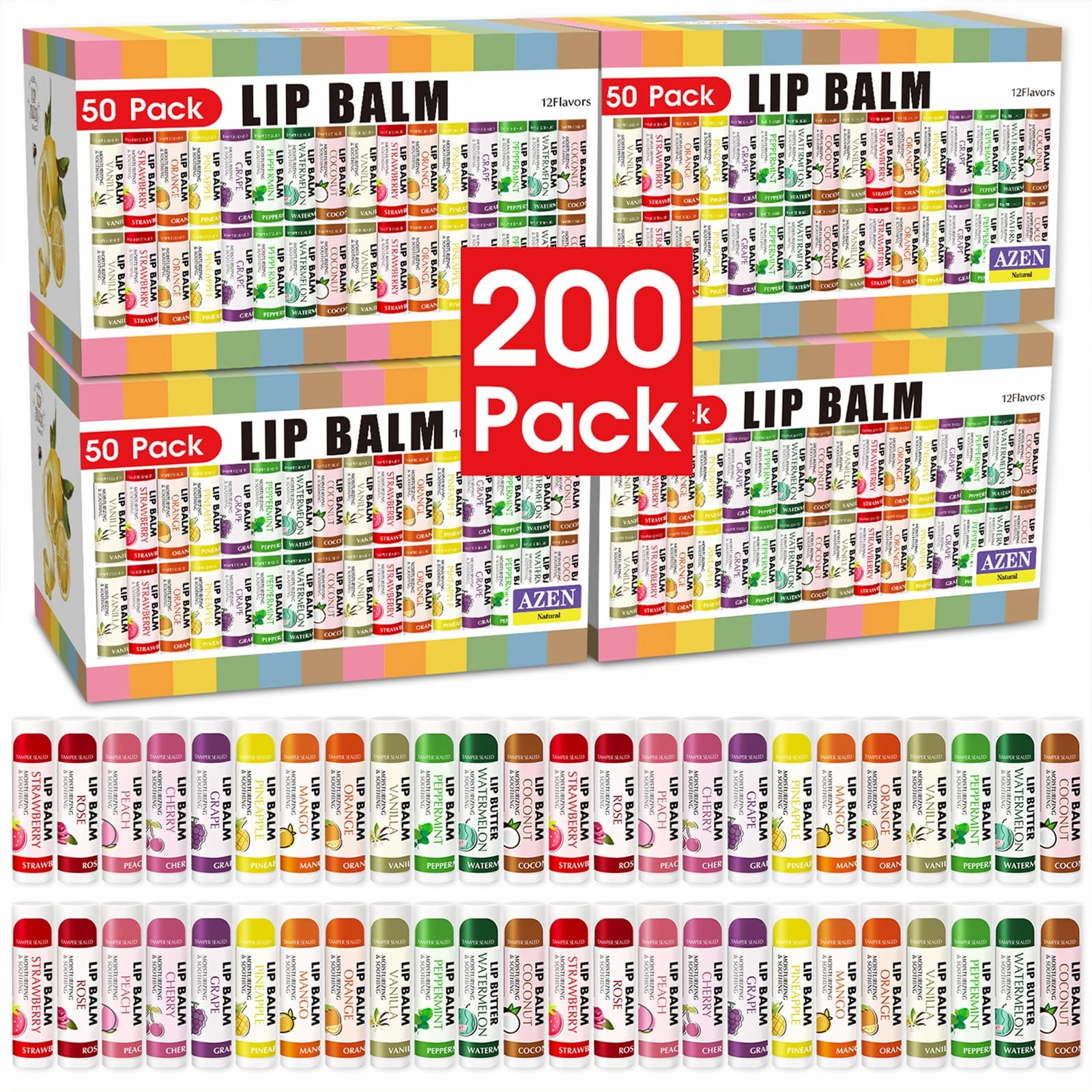 AZEN 200 Pack Lip Balm, Natural Lip Balm Bulk, Lip Care Product, Moisturizing Lip Balms for dry cracked lips - 12 Flavors