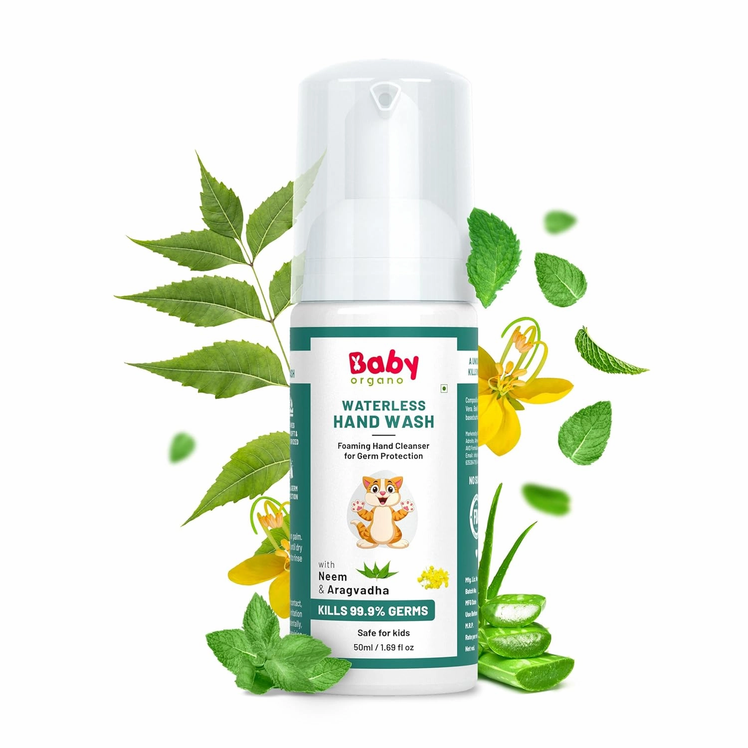 Babyorgano Non Alcoholic Foam Based Waterless Handwash for Kids, 100% Natural & Germ Protection Goodness of Aragvadha, Aloe Vera & Neem 50ml Pack 1 50 ml (Pack of 1) White