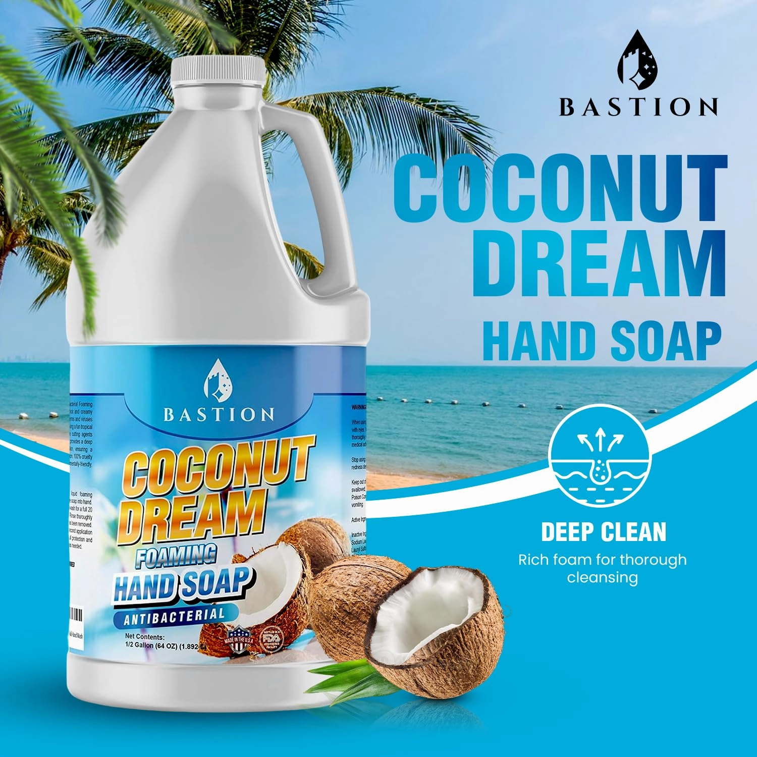 Bastion Antibacterial Foaming Hand Soap - Coconut Dream Hand Wash - Bulk Refill Jug. Coconut Dream Scented. Non-toxic. Made in the USA.(Foaming Dispenser Required) (6) 1/2 Gallon (384 oz)