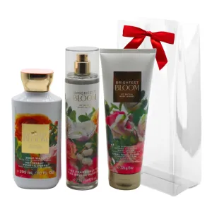 Bath & Body Works BRIGHTEST BLOOM Body Wash, Mist & Body Cream 3-piece Gift Set with a Red Bow for Holidays – Full Size