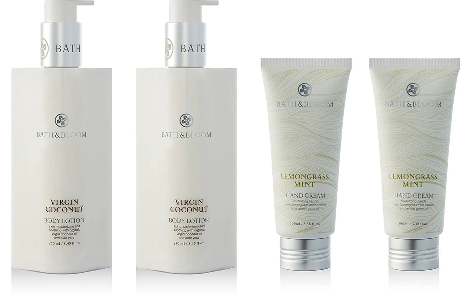 BATH and BLOOM Virgin Coconut Body Lotion and Lemongrass Mint Hand Cream Set.