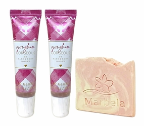 Bath & Body Works Gingham Gorgeous Lip Gloss 2 Piece Set with a Himalayan Salts Springs Sample Soap