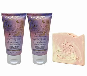 Bath & Body Works Snowflakes & Cashmere 2 Piece Mini Body Cream Bundle with a Himalayan Salts Springs Sample Soap - Travel Size