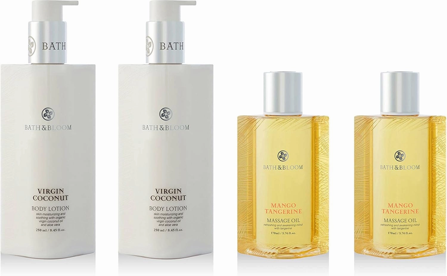 Bath and Bloom Virgin Coconut Body Lotion and Mango Tangerine Massage Oil Set.