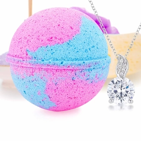 Bath Bomb Deluxe 8oz. and Surprise Jewelry Made in USA, Perfect for Bubble Spa Bath. Handmade Birthday Mothers Day Gifts for Women & Kids (Very Berry Mimosa, Pendant)