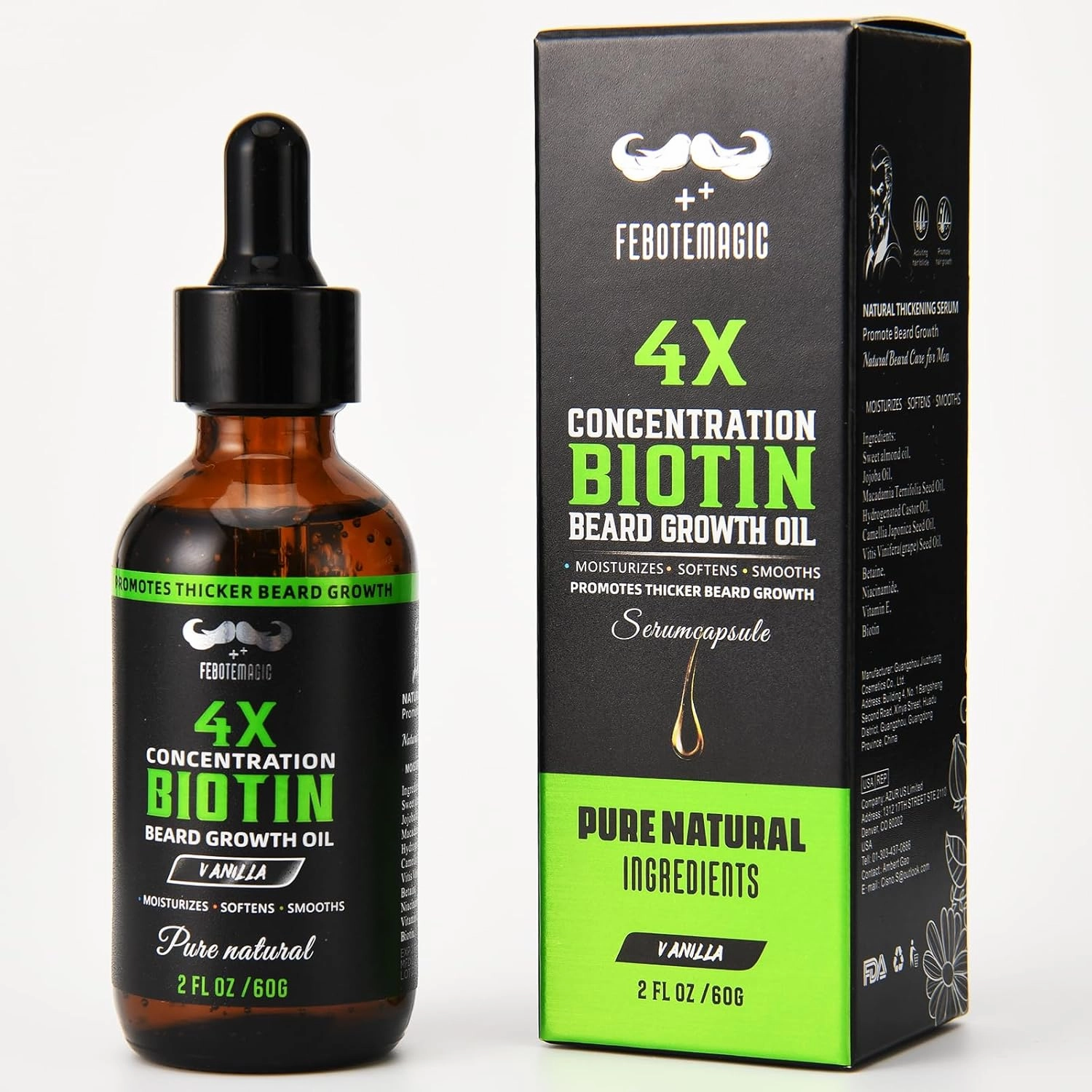 Beard Oil for Men – 4X Concentration Biotin Vanilla Beard Serum with Castor & Grape Seed – Conditions, Softens & Promotes Beard Growth – Gift for Him – 2 oz