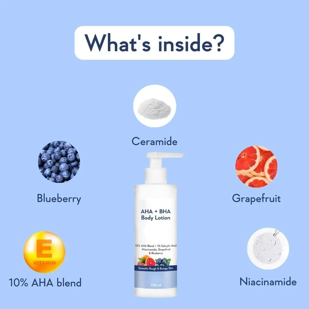 BK 10% A.H.A   1% B.H.A Body Lotion - Smooths Rough & Bumpy Skin - Glycolic & Lactic Acid Body Lotion with Niacinamide - 200 Ml