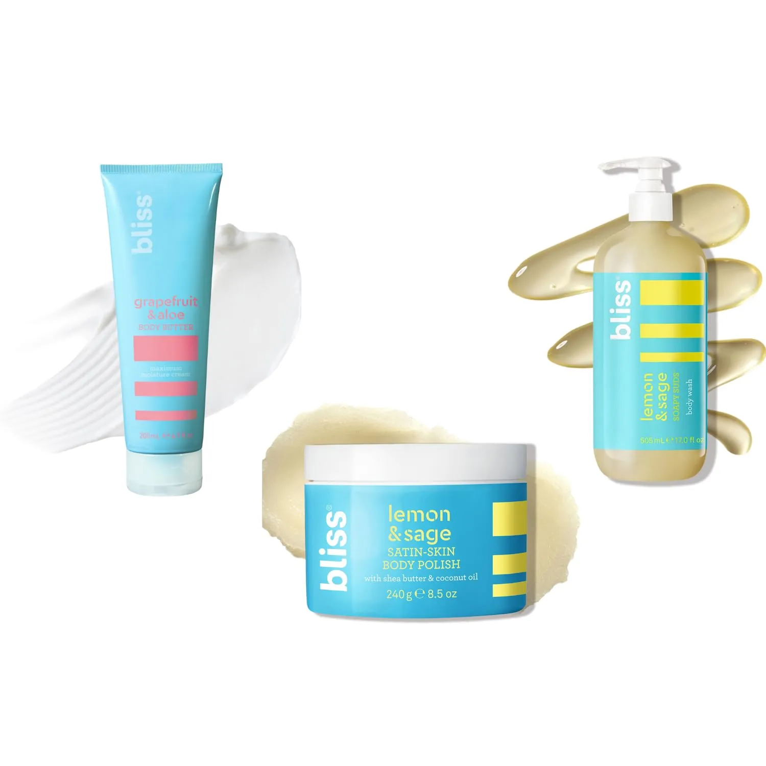 Bliss Grapefruit & Aloe Body Butter, Lemon & Sage Body Scrub, and Soapy Suds Body Wash Trio - Ultra-Hydrating Moisturizer, Exfoliating Scrub & Refreshing Cleanser for Soft, Radiant Skin
