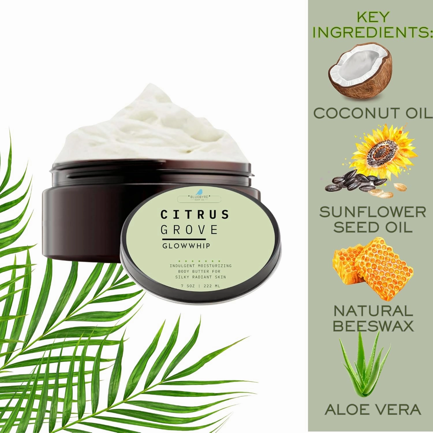 BLUEBYRD Glowwhip Body Butter – Patchouli & Cedarwood | Rich Whipped Body Cream – Deep Hydration with a Warm, Earthy Scent 8oz.