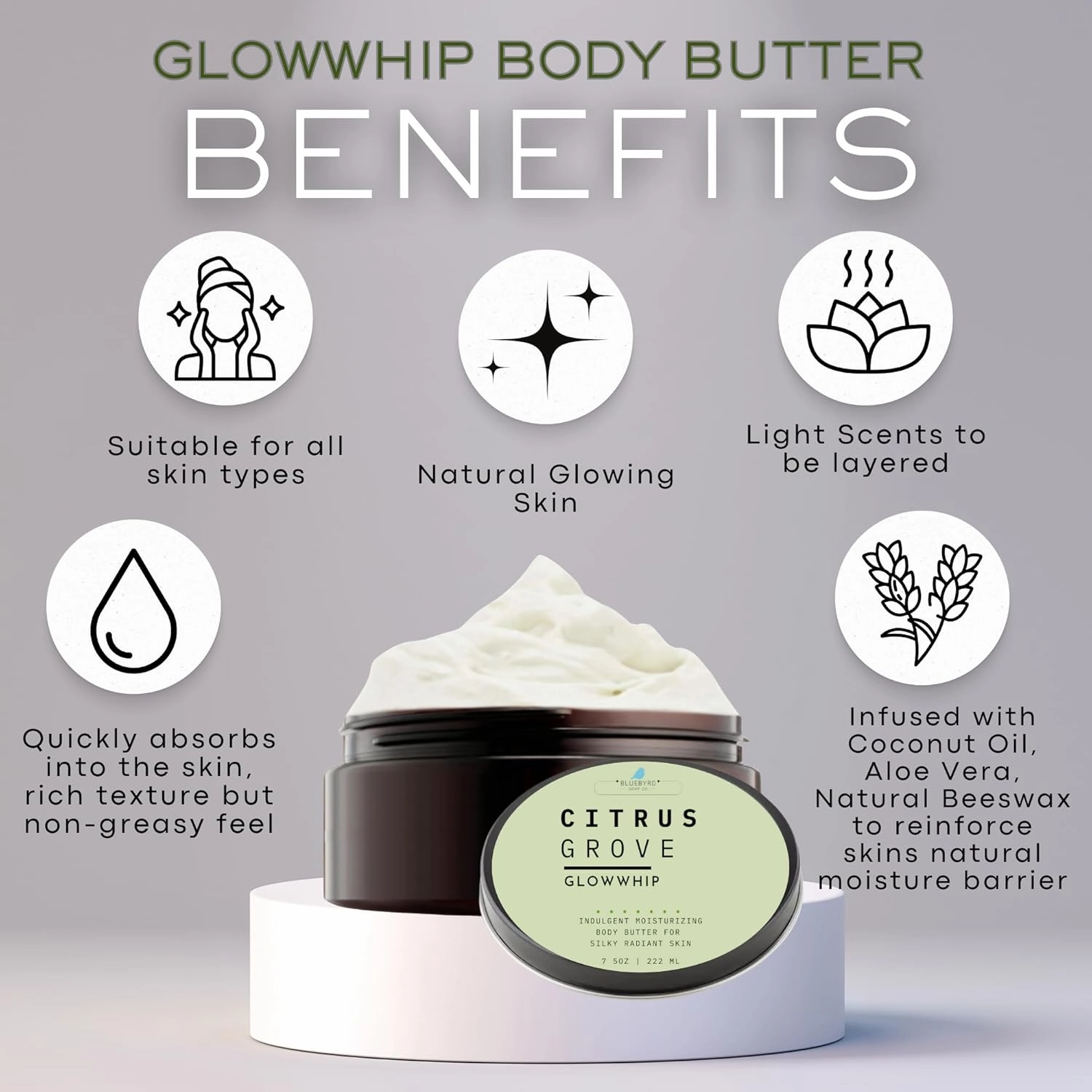 BLUEBYRD Glowwhip Body Butter – Tobacco Vanilla | Ultra-Hydrating Coconut Oil Moisturizer for Smooth, Radiant Skin | Fast-Absorbing, Non-Greasy Formula | Warm, Bold Scent | 8 oz