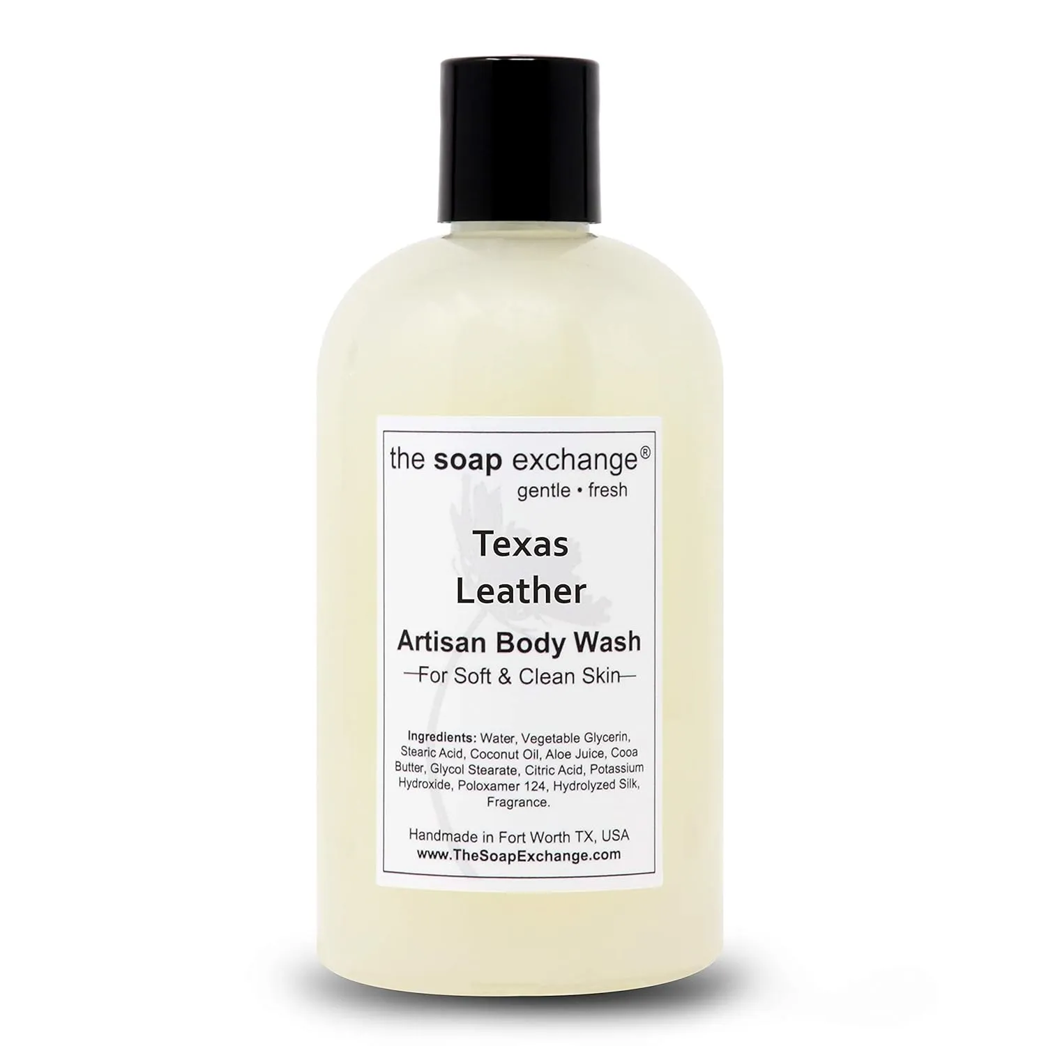 Body Wash - Texas Leather Scent - Hand Crafted 12 fl oz / 354 ml Natural Artisan Liquid Soap for Hand, Face & Body, Shower Gel, Cleanse, Moisturize, & Protect. Made in the USA.