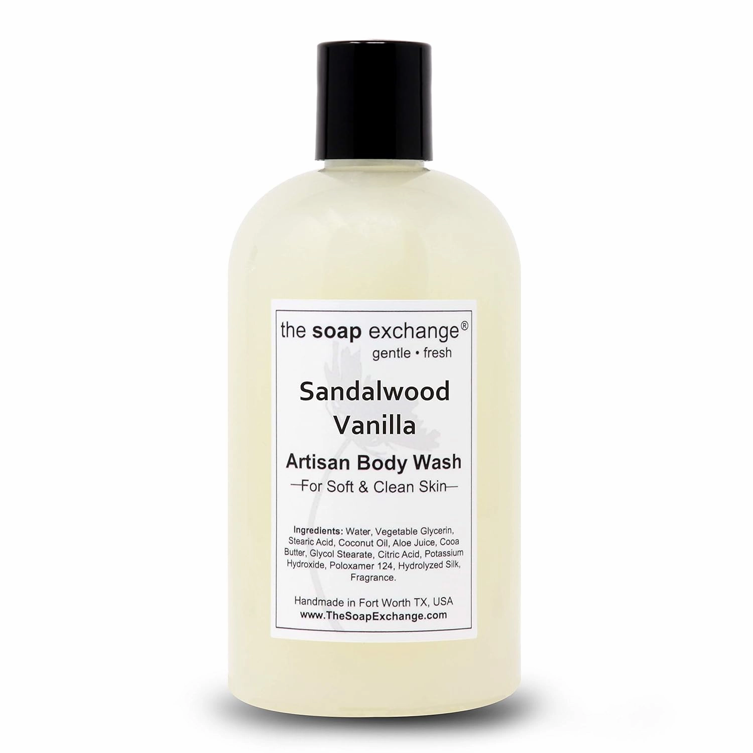 Body Wash - Sandalwood Vanilla Scent - Hand Crafted 12 fl oz / 354 ml Natural Artisan Liquid Soap for Hand, Face & Body, Shower Gel, Cleanse, Moisturize, & Protect. Made in USA.