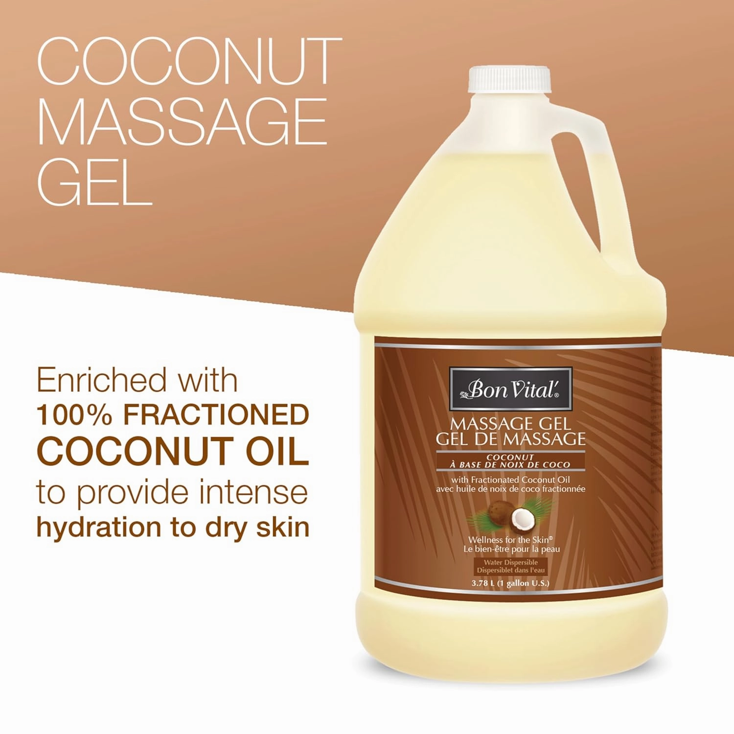 Bon Vital' Coconut Massage Gel with 100% Pure Fractionated Coconut Oil, Great for At-Home Use in Back Massages & Neck Massages, Moisturizes Skin Without Clogging Pores, 1 Gal, Label may Vary